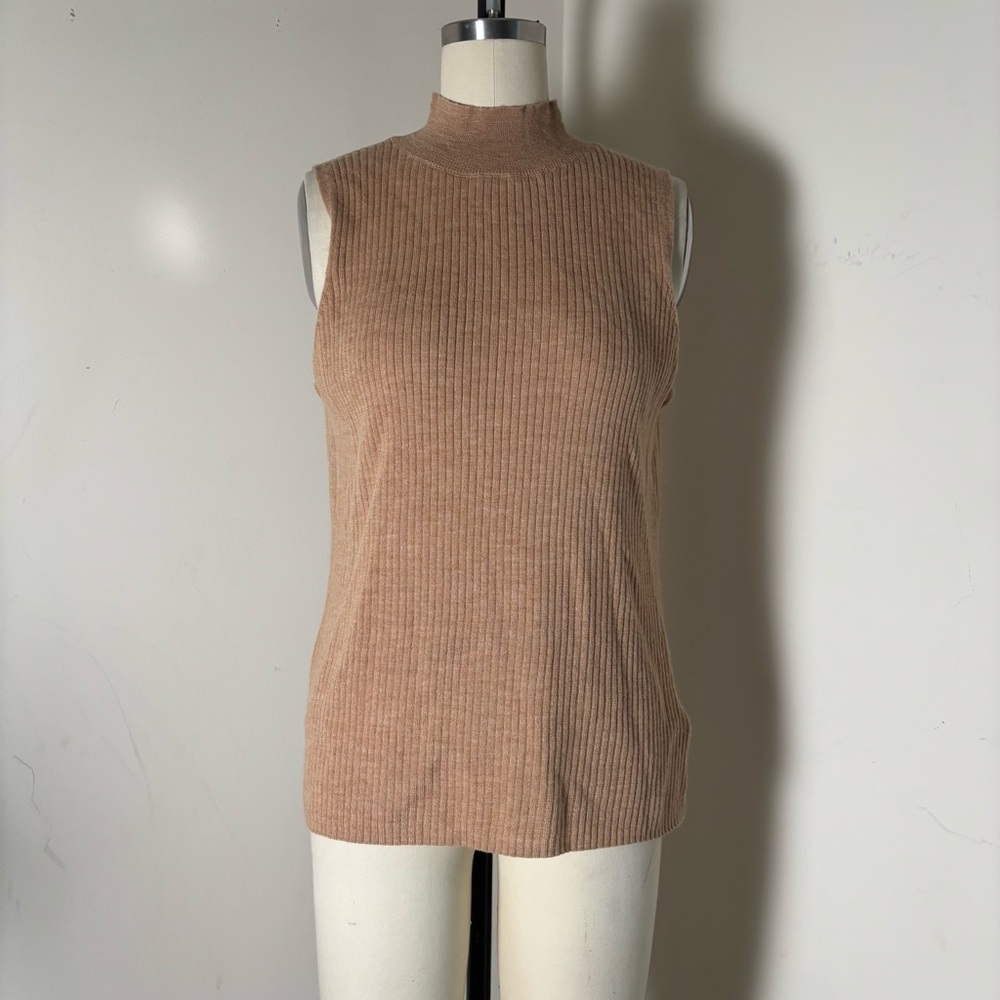 H by Halston 100% Extra Fine Merino Wool Sleeveless Turtleneck Sweater Tan